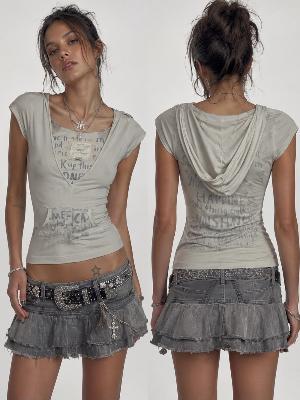 American Eagle Y2K Iconic Rare Women's Cream Short Sleeve V-Neck Tunic Hoodie